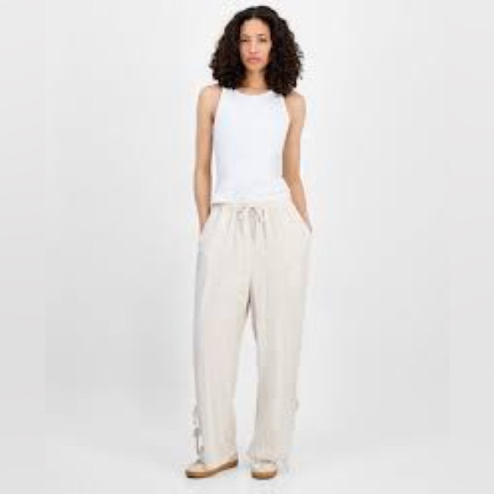 And Now This Cream Wide-Leg High Rise Pants Cut Out Details Pockets Beachy Boho
